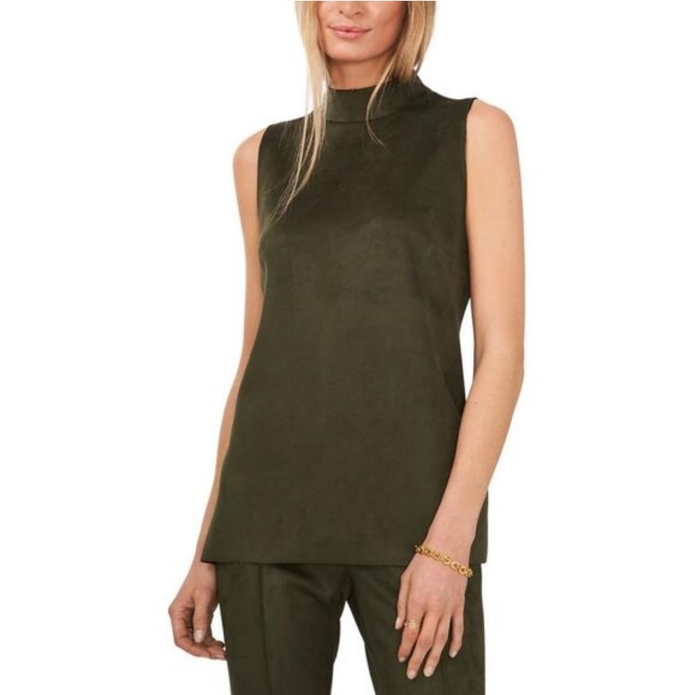 Vince Camuto Womens M Green Suede Zipper Back Mock Neck Tank NWT